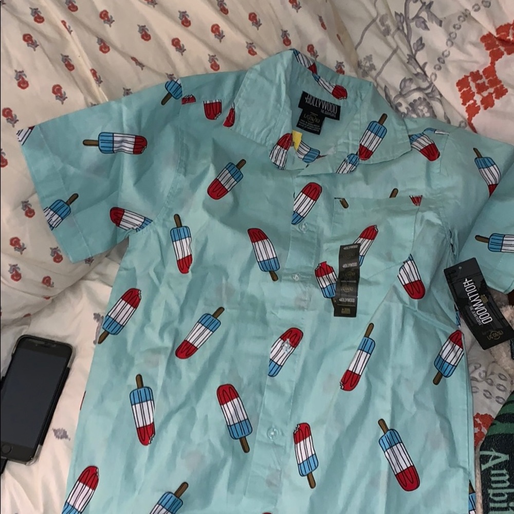 blue button up shirt